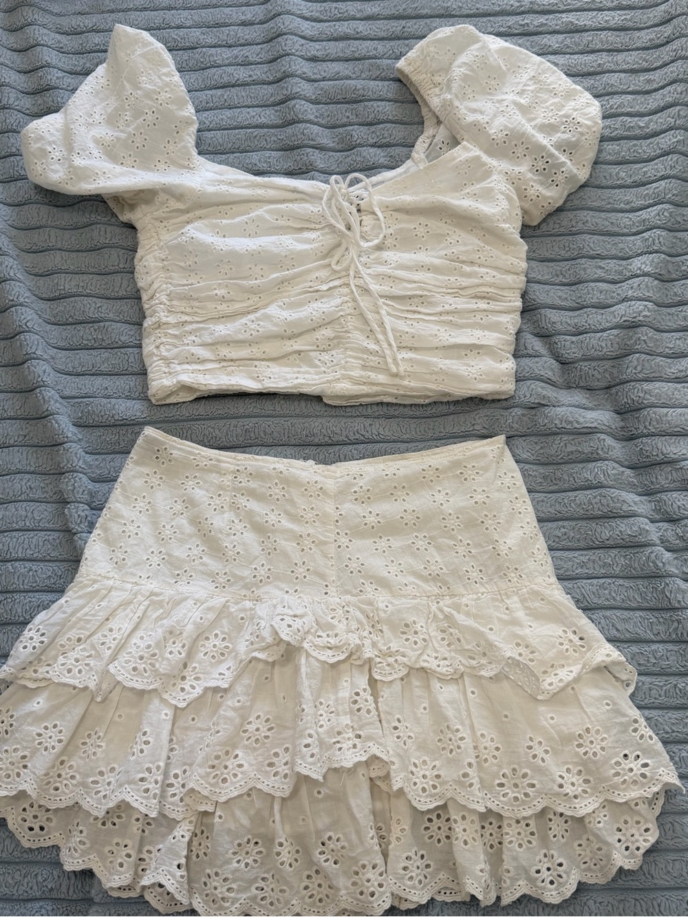 White Eyelet Ruffle Mini Skirt and Top- Classic Feminine Style